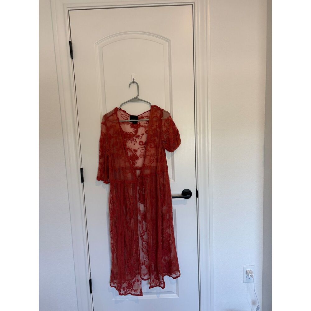 Rust Red/Orange Lace Mesh Duster Cardigan by Liv Los Angeles